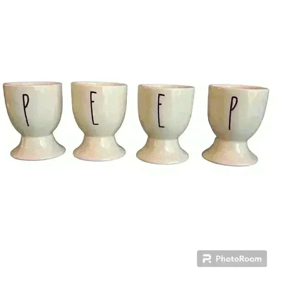 Rae Dunn Easter Egg Cups PEEP Set of 4 White Ceramic Rae Dunn Easter Egg Cups - Picture 1 of 6